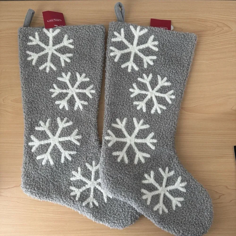NEW Holiday Set Of 2 Snowflake Gray Pair Christmas Stocking Soft‎ Teddy Sherpa